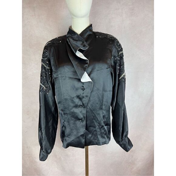 Vintage 1980s Beaded Ruffle Blouse - Picture 1 of 7